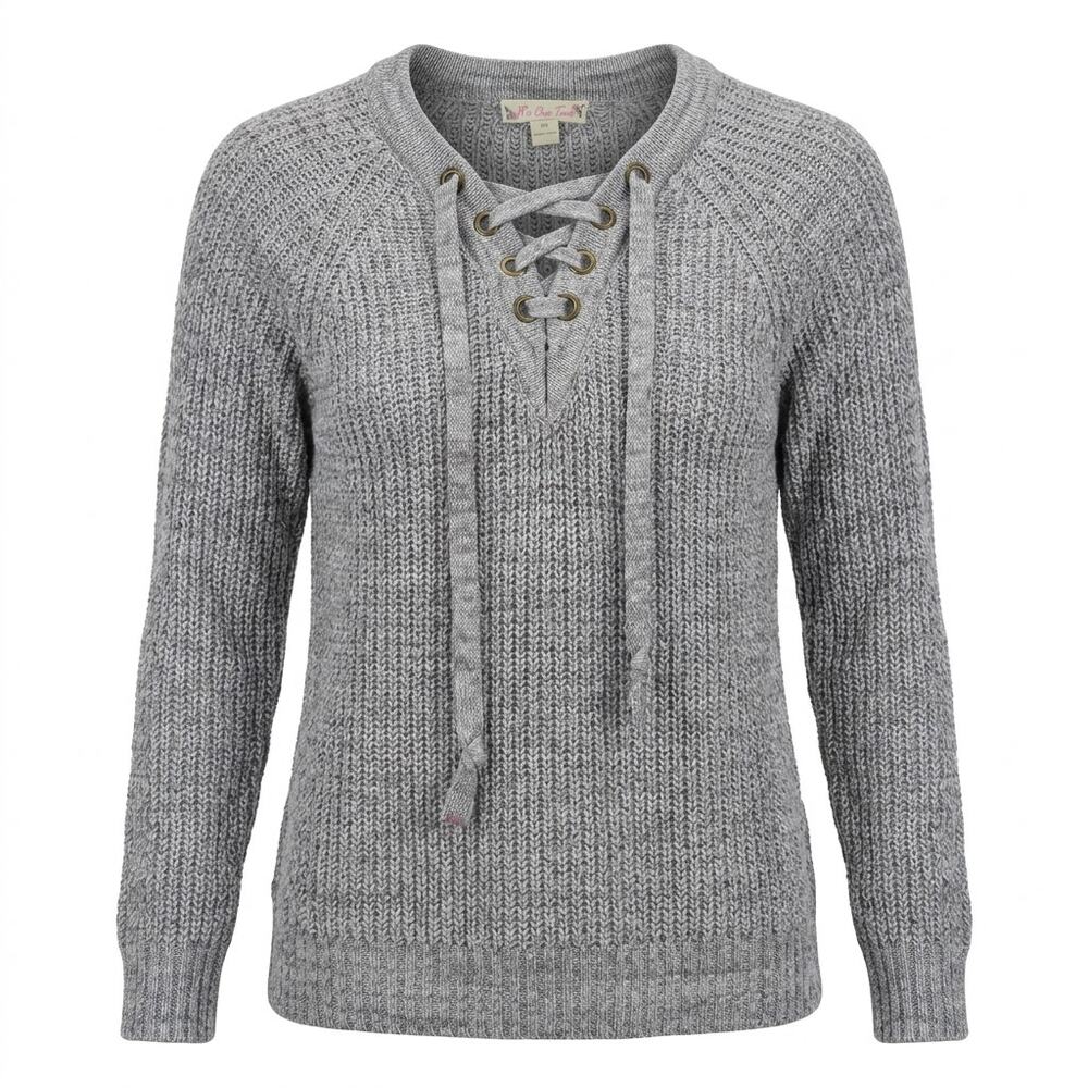 It's Our Time J68049 Gray Lace Up V-Neck Knit Sweater Women Size XS